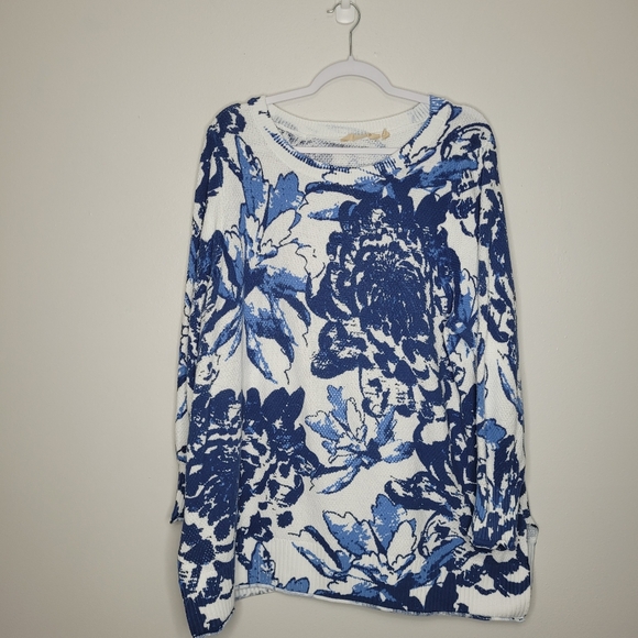 Soft Surroundings Blue White Marin Sweater Cotton Coastal Floral Plus Size 2x - Picture 2 of 7